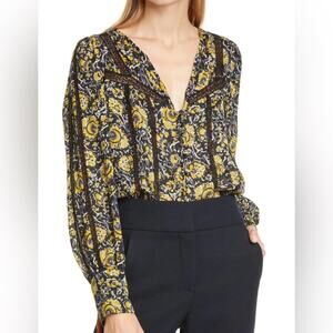 Veronica Beard Tarry Boho Silk Blouse blue and yellow floral and lace size 0